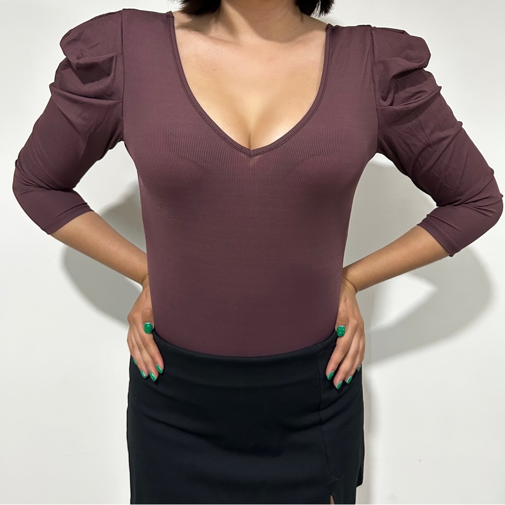 Sexy Deep V Burgundy 3/4 Puff Sleeve Bodysuit | Lulu’s